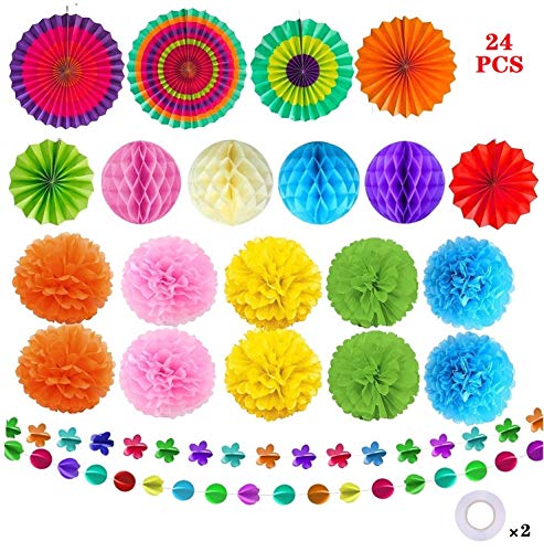 TATAFUN 24 Piezas Decoración Fiesta Abanicos de Papel Flores Pompom Bolas de Nido de Abeja Guirnaldas para Celebración Fiesta de Cumpleaños Bodas Carnaval Mexicano