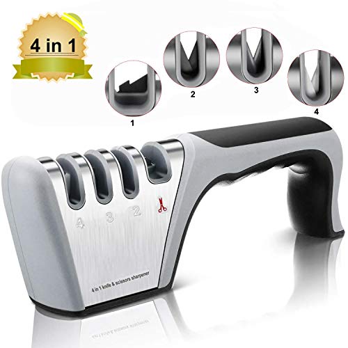 TATAFUN Afilador de Cuchillos Profesional, Amoladora De Cocina Kit 4 en 1 Knife Sharpener, Base de Acero Inoxidable Antideslizante para Knife de Cocina, Apto para Uso en Cocina y Exterior (Negro)