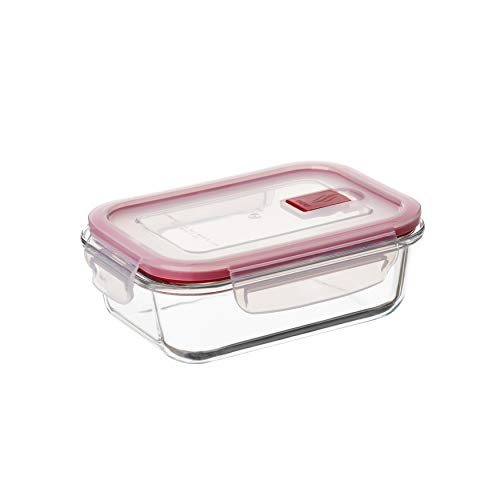 TATAY 1161609 - Cook&Eat Contenedor de Alimentos hermético de Cristal borosilicato, Transparente/Rojo, 0,64 litros de capacidad, 13,7 x 17,9 x 6,3