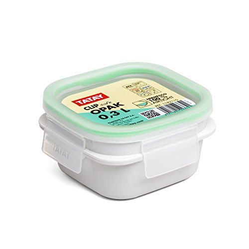 TATAY 1182110 - Opak 0,3 - Contenedor de Alimentos hermético Cuadrado con Sistema de Cierre Clip Safe y junta de Silicona Verde, 0,3 litros de capacidad, Libre de BpA, Blanco, 10.8 x 10.8 x 6 cm