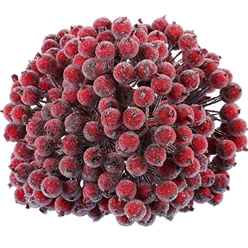 Tatuo Bayas de Acebo Falsas Escarchadas Artificiales 12 mm Mini Baya Frutas de Navidad Adornos de Flor (Rojo Oscuro, 400)