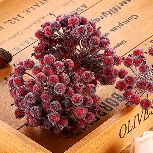 Tatuo Bayas de Acebo Falsas Escarchadas Artificiales 12 mm Mini Baya Frutas de Navidad Adornos de Flor (Rojo Oscuro, 400)