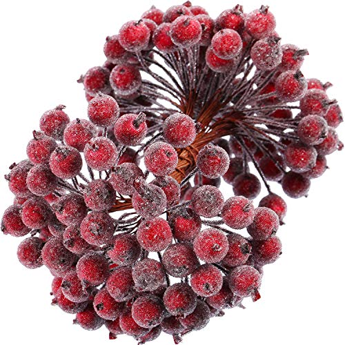 Tatuo Bayas de Acebo Falsas Escarchadas Artificiales 12 mm Mini Baya Frutas de Navidad Adornos de Flor (Rojo Oscuro, 400)