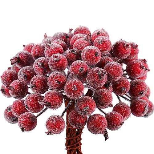 Tatuo Bayas de Acebo Falsas Escarchadas Artificiales 12 mm Mini Baya Frutas de Navidad Adornos de Flor (Rojo Oscuro, 400)