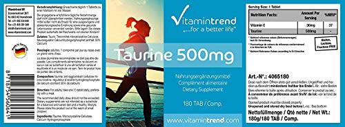 Taurina 500mg – Vegana – Aminoácido – 180 Comprimidos – ¡ Para 6 MESES!