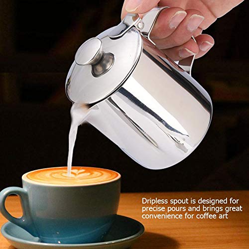 Taza de Café de Acero Inoxidable con Tapa, Jarra del Café de Arte Leche Espuma de Café Latte para Cafe, Restaurante, Hogar, etc.(350ml)