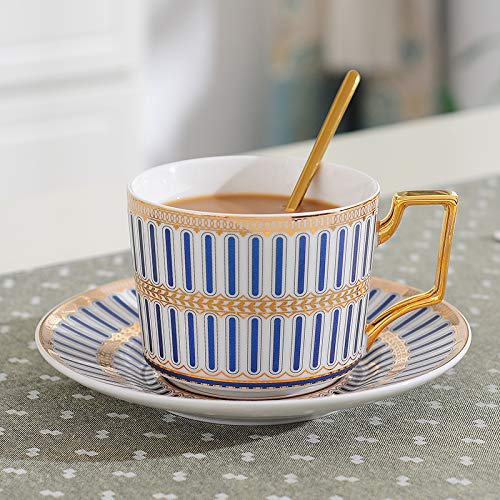 Taza de café de cerámica inglesa de la tarde set de café set taza taza taza de té familia flor taza té taza, Platillo de 1 taza, diseño de rayas, color azul, Matted blue striped 1 cup saucer