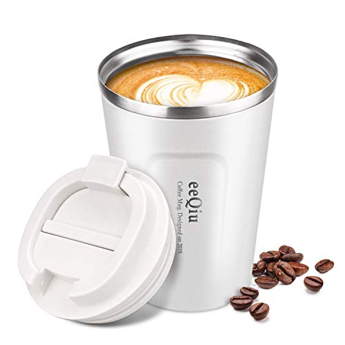 Taza de café reutilizable, taza de viaje de 13 oz hecha de acero inoxidable con aislamiento de doble pared Tapa 100% a prueba de fugas Tapa de automóvil ecológica para café, té y cerveza (blanco)