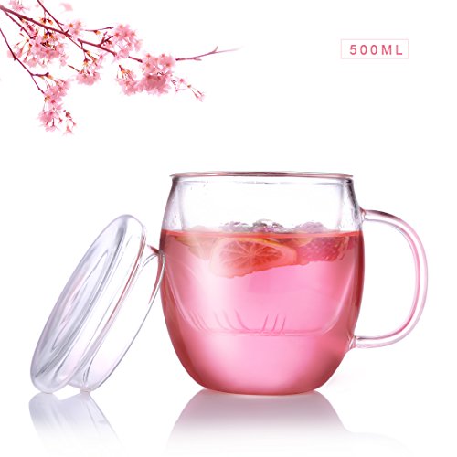 Taza de té de cristal con tapa, resistente al calor Oneisall, taza de té con colador, infusor de té de flores, perfecto para el hogar, oficina (500 ml)