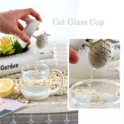 Taza de té de cristal del gato Taza De Agua Bottle-With Fish Tea Filtro filtro de infusión 250ml (8oz) (Blanco)