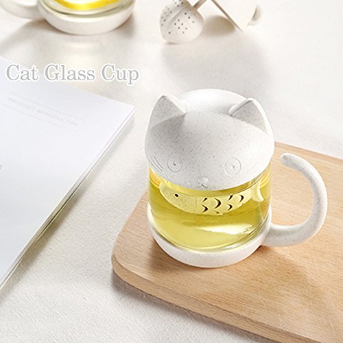 Taza de té de cristal del gato Taza De Agua Bottle-With Fish Tea Filtro filtro de infusión 250ml (8oz) (Blanco)