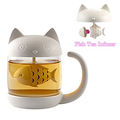 Taza de té de cristal del gato Taza De Agua Bottle-With Fish Tea Filtro filtro de infusión 250ml (8oz) (Blanco)