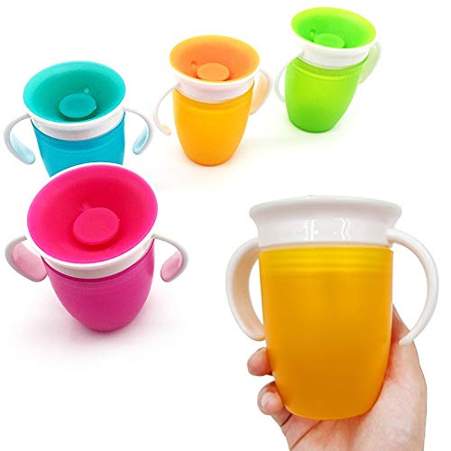 Taza giratoria de aprendizaje para bebé de 360 grados con tapa abatible de doble ASA,a prueba de fugas,Taza de Bebé Antiderrames, Taza de aprendizaje,Antigoteo, Especial para bebés. (Rosa)