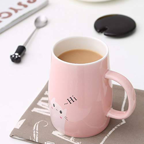 Taza Linda del Gato Taza de café de cerámica con Cuchara de Acero Inoxidable para Gatitos, Hola ~ Taza de café de la Novedad Regalo para los Amantes del Gato Rosado (Rosado)