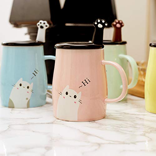 Taza Linda del Gato Taza de café de cerámica con Cuchara de Acero Inoxidable para Gatitos, Hola ~ Taza de café de la Novedad Regalo para los Amantes del Gato Rosado (Rosado)