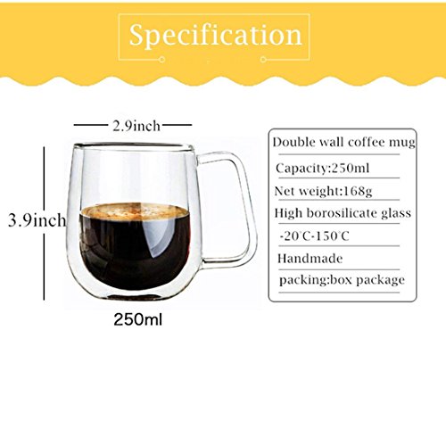 Tazas de café con tapa, tazas de vidrio de borosilicato de doble pared para beber té, latte, espresso, zumo o agua, por Mr.Mug & Ms.Cup(250 ml, 10 oz)