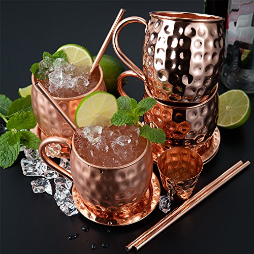 Tazas de Cobre de Moscow Mule Juego de Cuatro Incluye 4 x Tazas de 18 Onzas 4 x Posavasos 4 x Sorbetes 1 x Vaso/Copa de Shot en Caja de Regalo