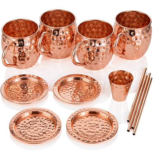 Tazas de Cobre de Moscow Mule Juego de Cuatro Incluye 4 x Tazas de 18 Onzas 4 x Posavasos 4 x Sorbetes 1 x Vaso/Copa de Shot en Caja de Regalo