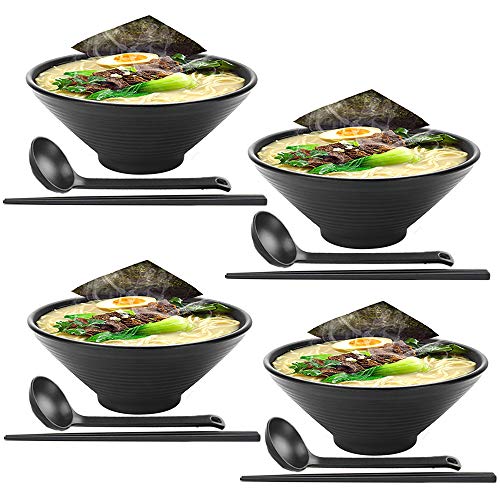 Tazones de sopa 4 juegos (12 piezas) Juego grande de tazón de ramen japonés, viene con cuchara y palillos, melamina de calidad de restaurante, para fideos, Pho, fideos, Udon, tailandés, vajilla china