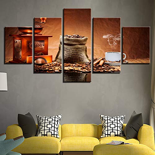 TBDZPS 5 pannelli Decorazioni per La Casa Moderne Immagini Su Tela Stampe HD Chicchi Di Caffè Pittura Caffè Tazza Di Aroma Poster Ristorante Wall Art