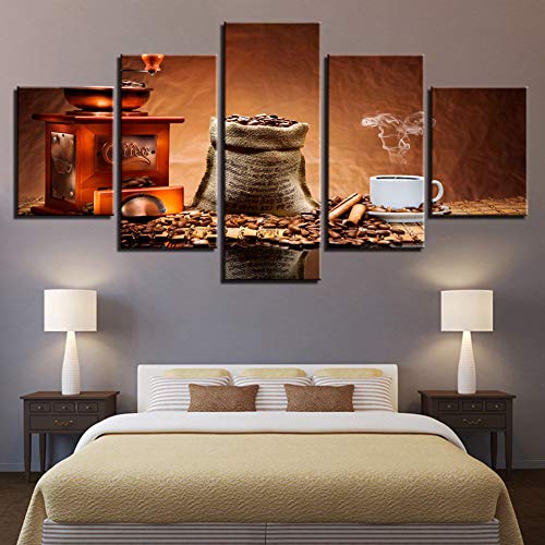 TBDZPS 5 pannelli Decorazioni per La Casa Moderne Immagini Su Tela Stampe HD Chicchi Di Caffè Pittura Caffè Tazza Di Aroma Poster Ristorante Wall Art