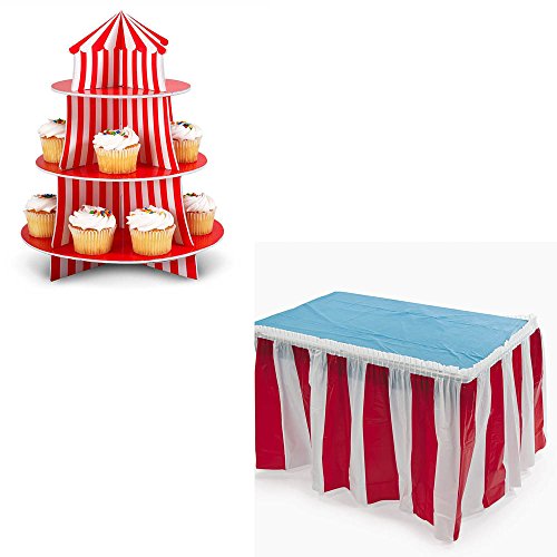 TCS Party Bundles Fun Express Big Top Circo Soporte para Cupcakes y Juego de Falda de Mesa con Rayas Rojas y Blancas