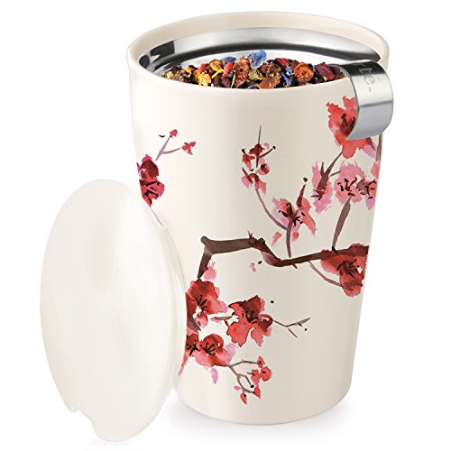 Tea Forte Kati Cup Taza de infusión de té de cerámica con cesta de infusor y tapa para remojar, Flores de Cerezas