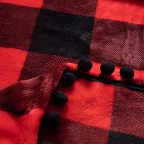 TEALP Manta Polar con Flecos de Pompones | Buffalo Plaid Manta de Franela roja y Negra a Cuadros para el sofá Cama Apta para Todas Las Estaciones (130 x 150 cm)