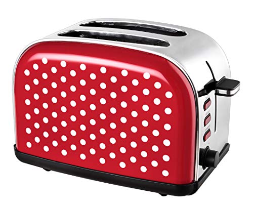 Team Kalorik Tostadora de dos ranuras de acero inoxidable, Diseño vintage, Soporte para calentar repostería o panecillos, Cajón para migas, 1050 W, Rojo con lunares blancos