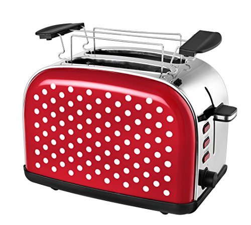 Team Kalorik Tostadora de dos ranuras de acero inoxidable, Diseño vintage, Soporte para calentar repostería o panecillos, Cajón para migas, 1050 W, Rojo con lunares blancos