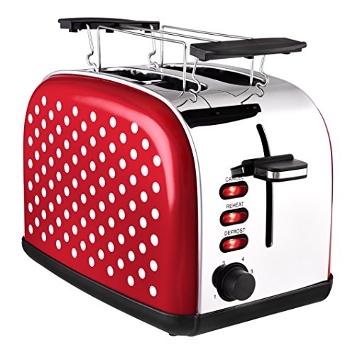 Team Kalorik Tostadora de dos ranuras de acero inoxidable, Diseño vintage, Soporte para calentar repostería o panecillos, Cajón para migas, 1050 W, Rojo con lunares blancos