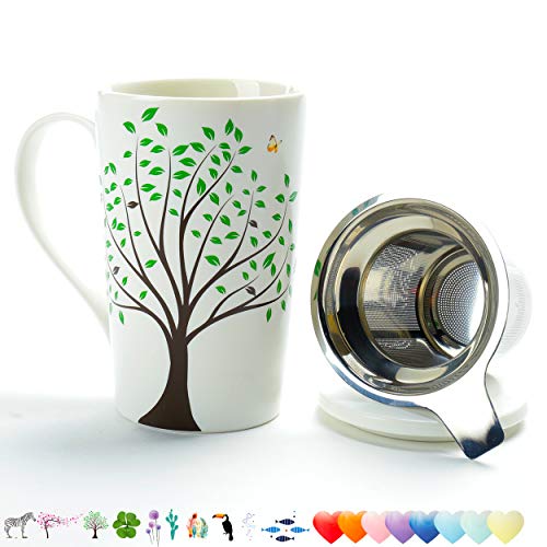 TEANAGOO M058-3 Taza de té de cerámica con infusor y tapa, 510 ml, Green Tree, Teaware de viaje con filtro, Tea Cup Steeper Maker, Colador de preparación para té de hojas sueltas