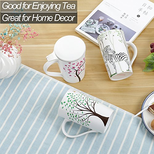 TEANAGOO M058-3 Taza de té de cerámica con infusor y tapa, 510 ml, Green Tree, Teaware de viaje con filtro, Tea Cup Steeper Maker, Colador de preparación para té de hojas sueltas