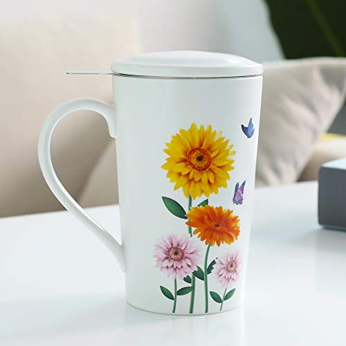 TEANAGOO M58-13 Taza de té de cerámica M58-13 con infusor y tapa, 18 oz, gerbera, bonito regalo para los amantes del té