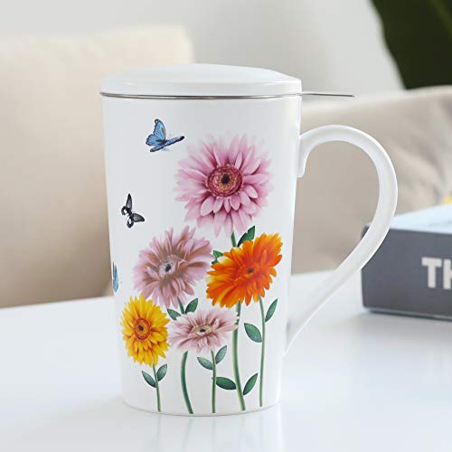 TEANAGOO M58-13 Taza de té de cerámica M58-13 con infusor y tapa, 18 oz, gerbera, bonito regalo para los amantes del té