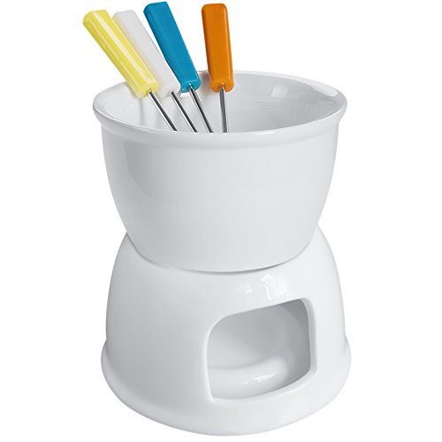 tebery Juego de fondue con 4 tenedores de color, Premium té luz porcelana crisol para queso, chocolate y tapas – blanco