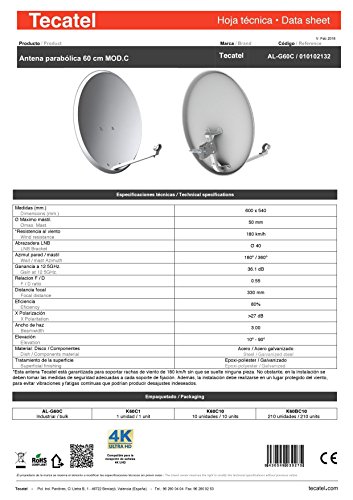 Tecatel - Kit parabólica 60 cm, Soporte, LNB Universal, Cable y Conectores (K60C1LSCC)