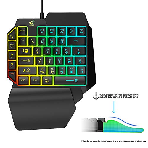 Teclado y ratón para juegos de una mano, versión de 41 teclas, con cable mecánico, retroiluminación arco iris, soporte para reposamuñecas, ratón USB con cable para juegos