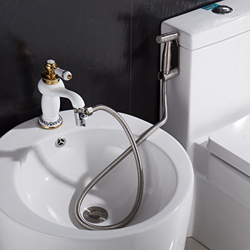 Tecmolog Kit Ducha de Lavabo Acero Inoxidable Ducha Bidet Portatil para WC Mano Grifos de Bidé Shattaf con Soporte Ducha, Valvula Desviadora y Manguera Ducha 2m, WS024F7