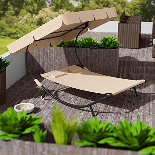 TecTake 800089 Tumbona Doble de Jardín, Parasol Plegable, 2 Cojines, Estructura de Metal, Interior & Exterior (Beige | No. 401223)