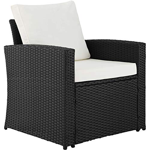 TecTake 800679 - Conjunto de Ratán para 4 Personas, 2 Sillones, 1 Sofá, 1 Mesa Tablero Cristal, Incluye Cojines y Tornillos de Acero INOX (Negro | No. 403078)