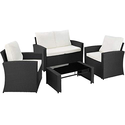 TecTake 800679 - Conjunto de Ratán para 4 Personas, 2 Sillones, 1 Sofá, 1 Mesa Tablero Cristal, Incluye Cojines y Tornillos de Acero INOX (Negro | No. 403078)