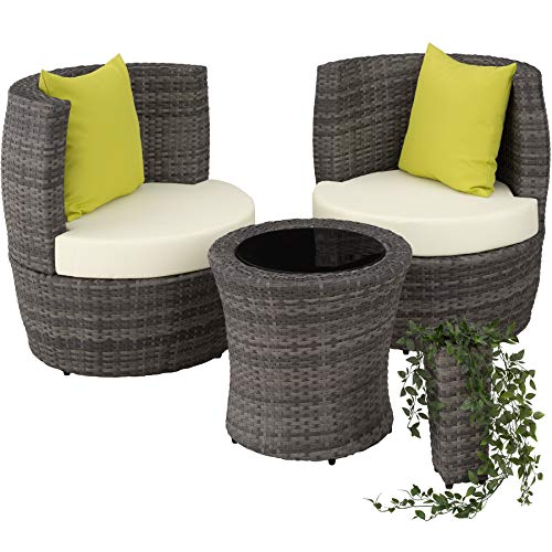 TecTake 800690 Conjunto de Muebles de Jardín de Poly Ratán y Aluminio, para 2 Personas, Almacenamiento Compacto en Forma de Huevo, 2 Sillones, 1 Mesa, 1 Florero (Gris | no. 403141)