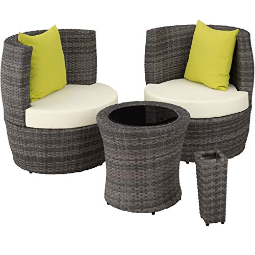 TecTake 800690 Conjunto de Muebles de Jardín de Poly Ratán y Aluminio, para 2 Personas, Almacenamiento Compacto en Forma de Huevo, 2 Sillones, 1 Mesa, 1 Florero (Gris | no. 403141)