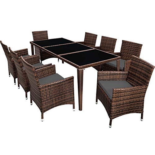 TecTake Conjunto muebles de jardín en aluminio y poly ratan 8+1 con set de fundas intercambiables + Protección contra lluvia - disponible en diferentes colores - (Negro-Marrón | No. 401162)