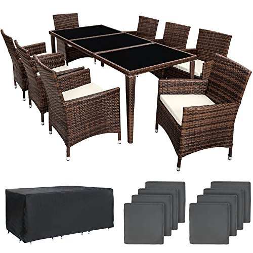 TecTake Conjunto muebles de jardín en aluminio y poly ratan 8+1 con set de fundas intercambiables + Protección contra lluvia - disponible en diferentes colores - (Negro-Marrón | No. 401162)