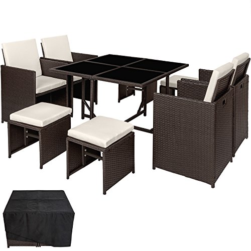 TecTake Conjunto muebles de jardín en ratán sintético comedor juego 4+4+1 + funda completa | tornillos de acero inoxidable - disponible en diferentes colores - (Antiguo | no. 4020827)