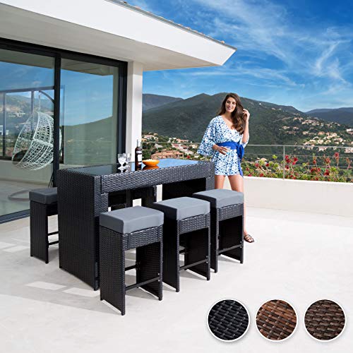 TecTake Poliratán Aluminio Conjunto Barra de Bar y 6 taburetes para jardin de Ratán + Set de fundas intercambiables + Funda completa - disponible en diferentes colores - (Negro | No. 401181)