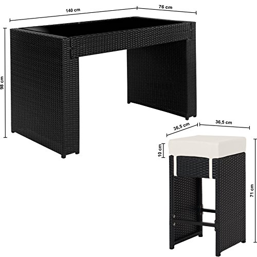 TecTake Poliratán Aluminio Conjunto Barra de Bar y 6 taburetes para jardin de Ratán + Set de fundas intercambiables + Funda completa - disponible en diferentes colores - (Negro | No. 401181)