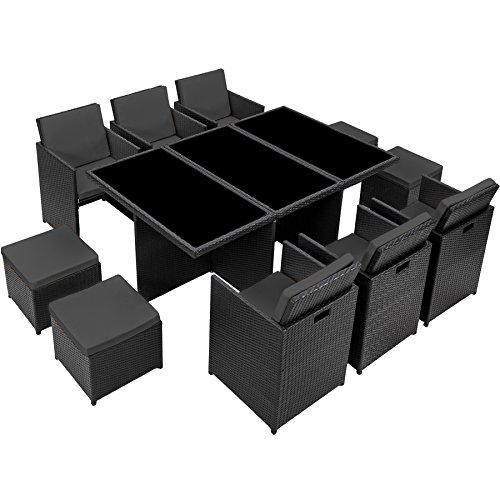 TecTake Poly ratán aluminio sintético muebles de jardín comedor juego 6+4+1 + funda completa + set de fundas intercambiables, tornillos de acero inoxidable - disponible en diferentes colores - (Negro)